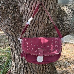 Women’s Euro Wellness Red Studded Suede Leather Saddle Bag. NWT